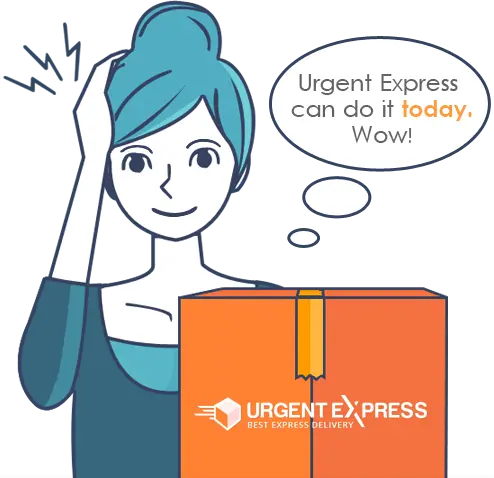 Illustration: customer thinking 'Urgent Express can do it today. Wow!' next to an Urgent Express delivery parcel